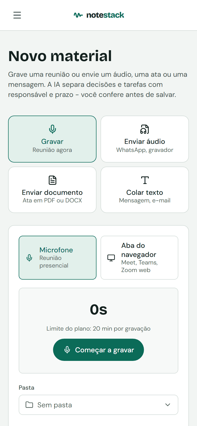 Tela de novo material com as opções gravar, áudio, documento e texto