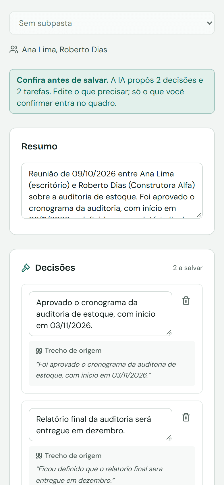 Tela de revisão com decisões e o trecho de origem de cada uma